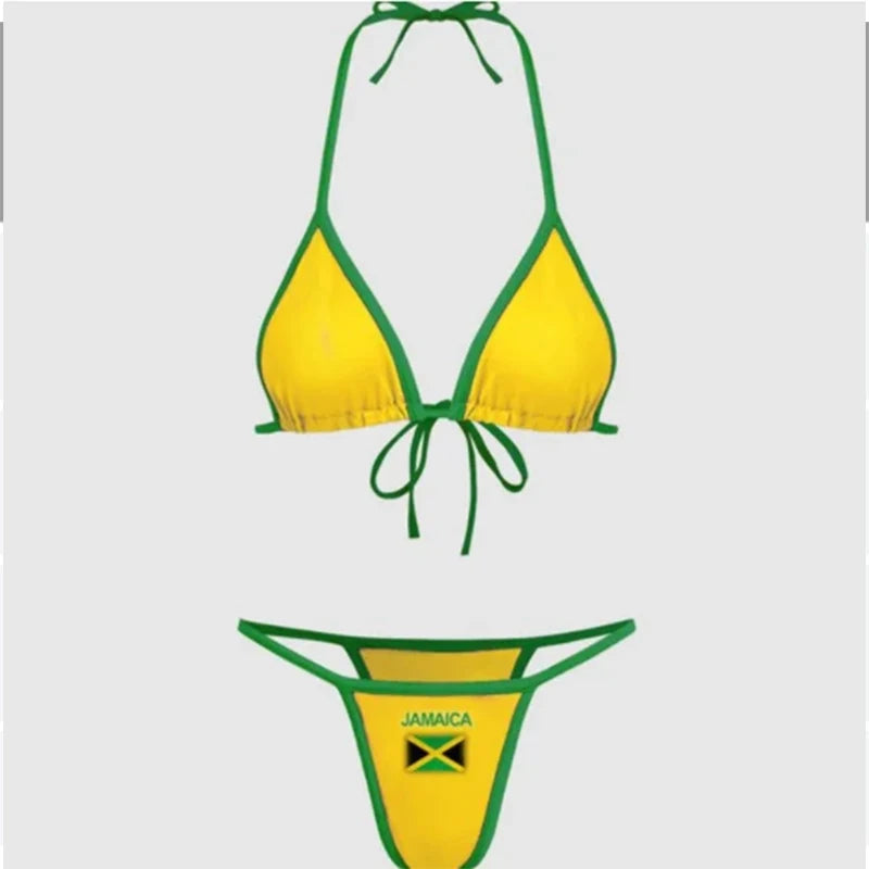 Biquíni dividido com estampa da bandeira da Jamaica 2024, traje de banho quente, roupa de verão para praia, verde e amarelo.