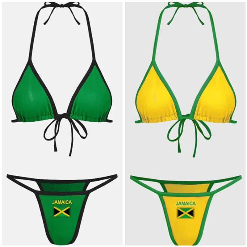 Biquíni dividido com estampa da bandeira da Jamaica 2024, traje de banho quente, roupa de verão para praia, verde e amarelo.